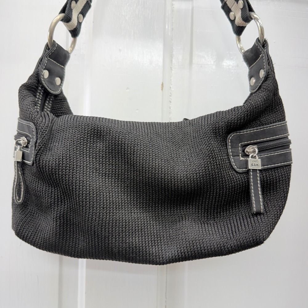The Sak Roots Black Crochet Shoulder Bag Purse Adjustable Strap Butterfly Lining